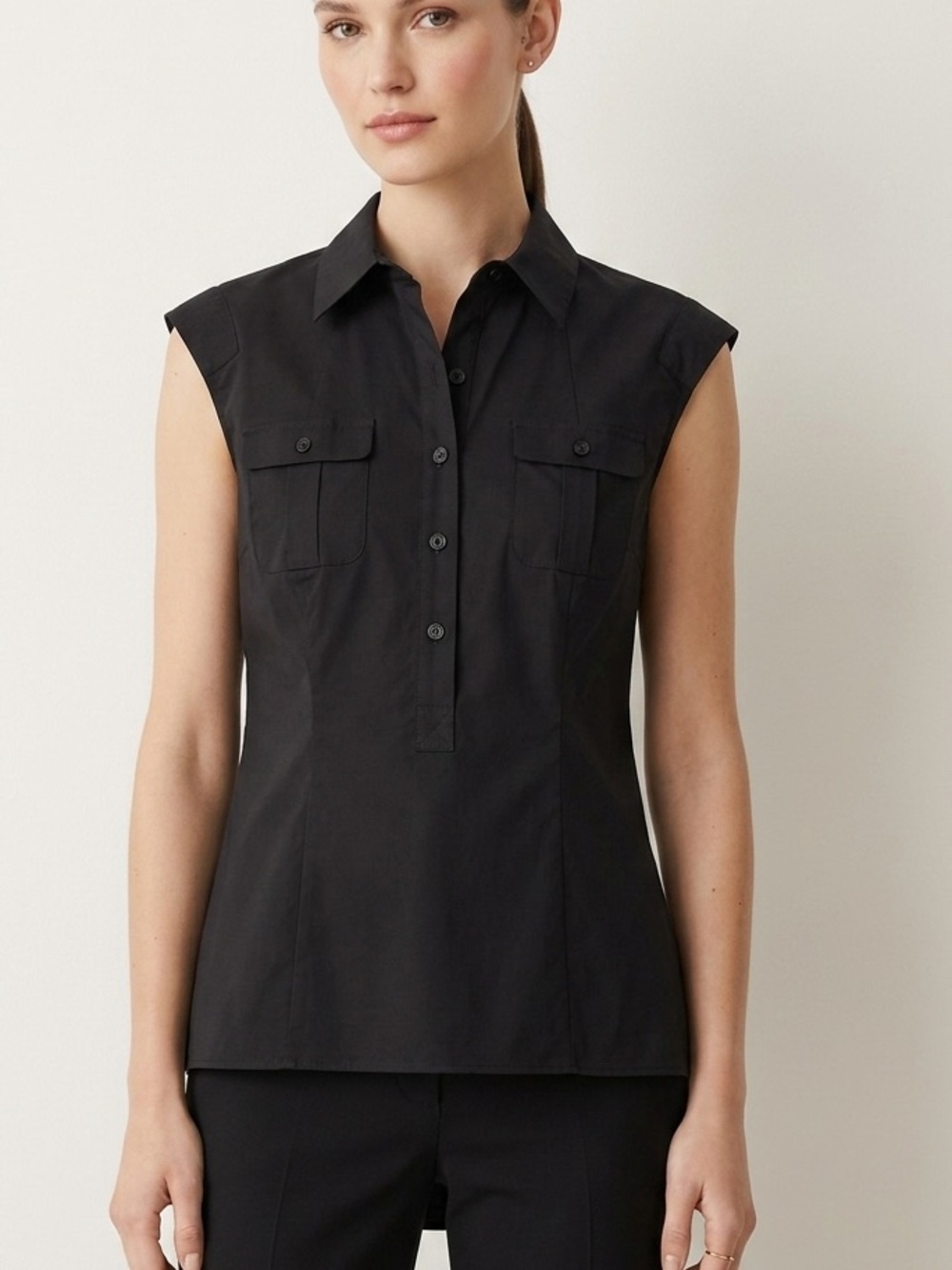 Lafayette 148 New York Black Sleeveless Cotton Blend Utility Shirt Size 6